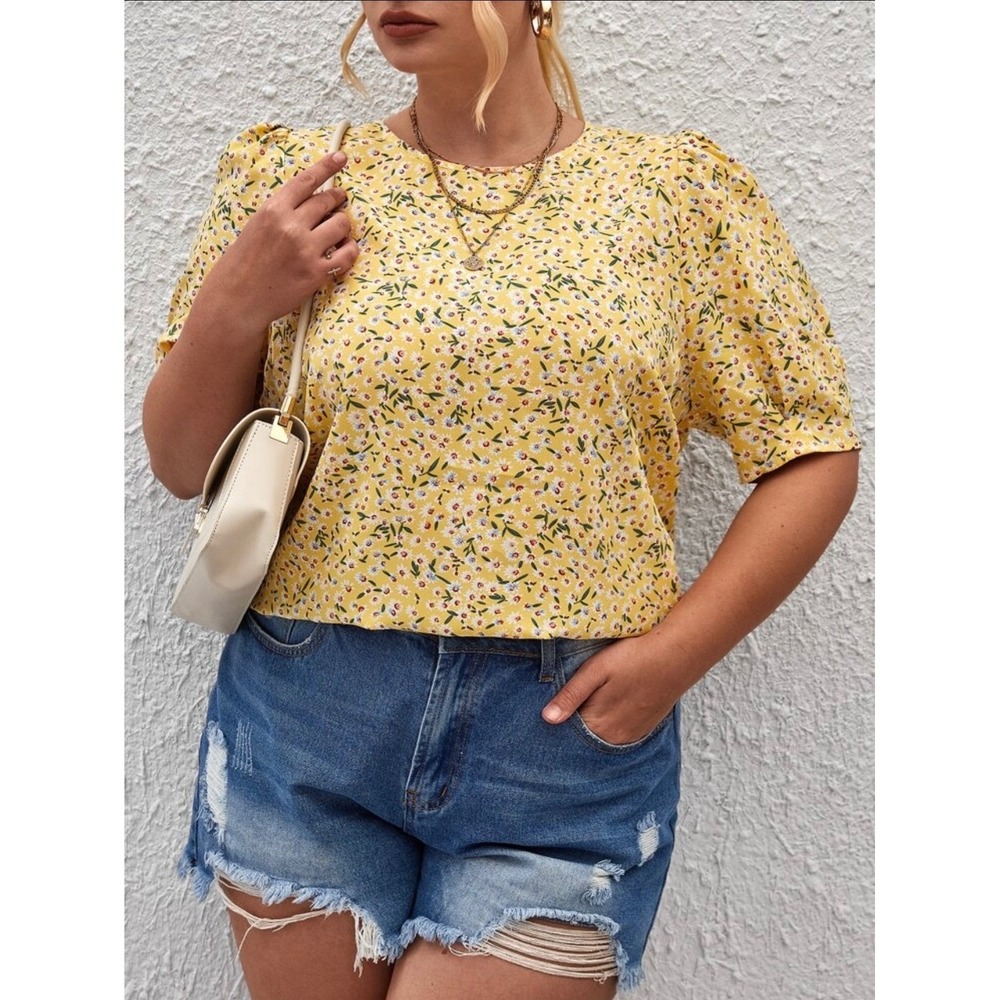 Emery Rose Yellow Ditsy Floral Puff Sleeve Blouse 4X Boho Cottagecore Daisy Top - Picture 10 of 10